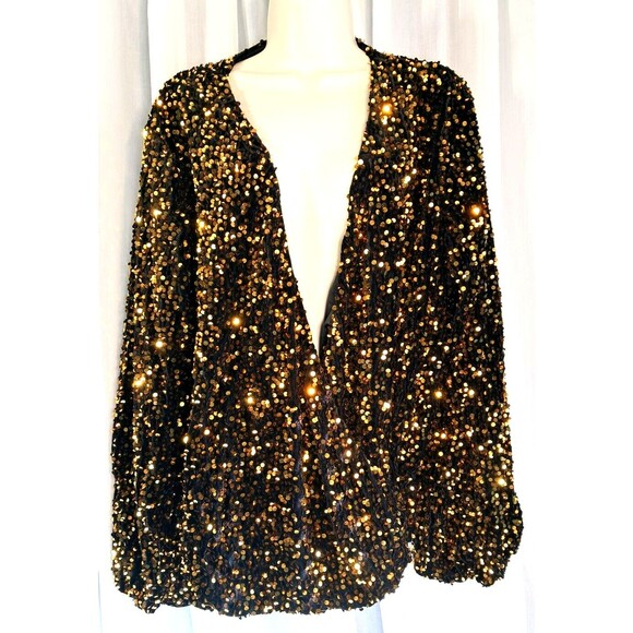 Women's Black Velvet Gold Sequin Wrapover Elastic Waist Jacket Blouse Size XL - Picture 1 of 13